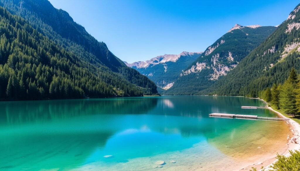Der Weißensee mit seinem kristallklaren Wasser, umgeben von bewaldeten Bergen