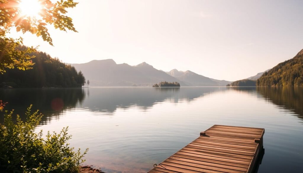 A tranquil lakeside scene with a picturesque 'Fotospot' along the shores of the serene Walchensee. Warm, golden sunlight filters through the surrounding lush, verdant foliage, casting a soft, magical glow on the calm, mirror-like waters. In the foreground, a sturdy wooden dock juts out, inviting visitors to pause and take in the breathtaking panorama. In the middle ground, rugged, snow-capped mountains rise majestically, their peaks reflected in the still surface of the lake. The overall atmosphere is one of serenity, beauty, and a sense of discovery - a hidden gem waiting to be uncovered by the discerning traveler.