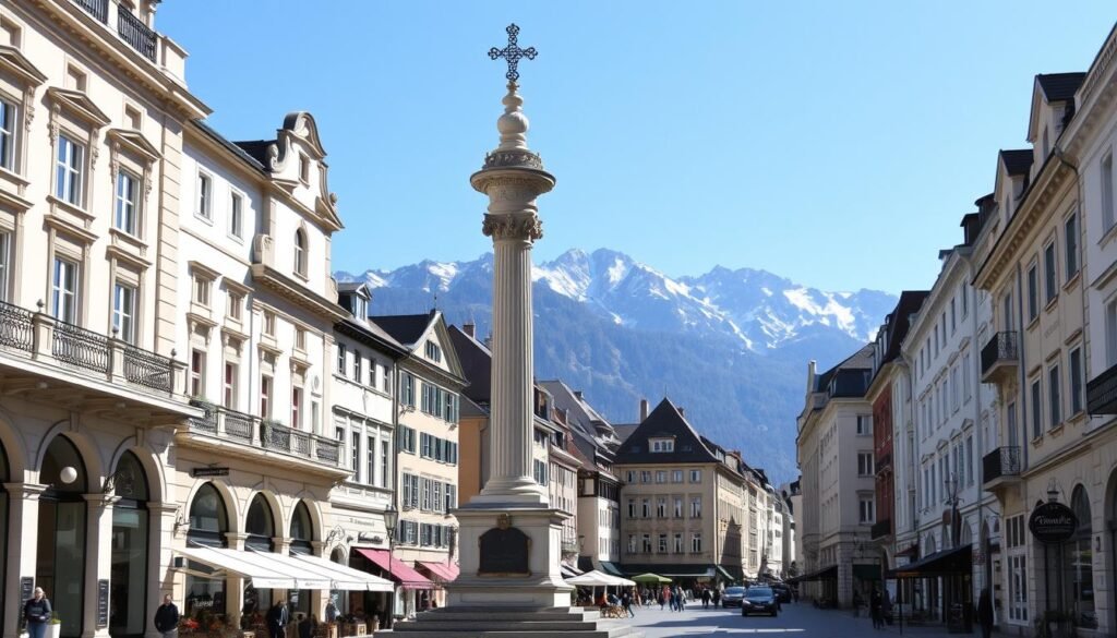 Die Maria-Theresien-Straße mit Blick auf die Annasäule und die Nordkette - beliebte Sehenswürdigkeit von Innsbruck