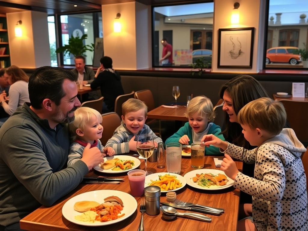 Familie genießt Essen im kinderfreundlichen Restaurant in Salzburg