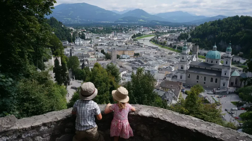 Kinder auf der Festung Hohensalzburg mit Blick über Salzburg