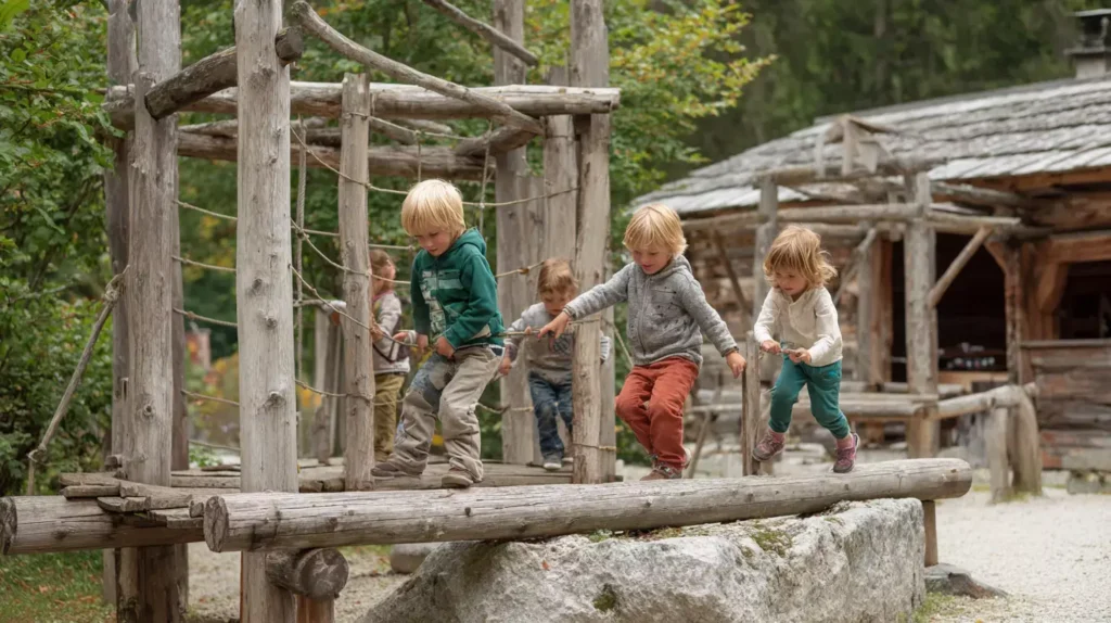 Kinder spielen auf dem Erlebnisspielplatz im Salzburger Freilichtmuseum