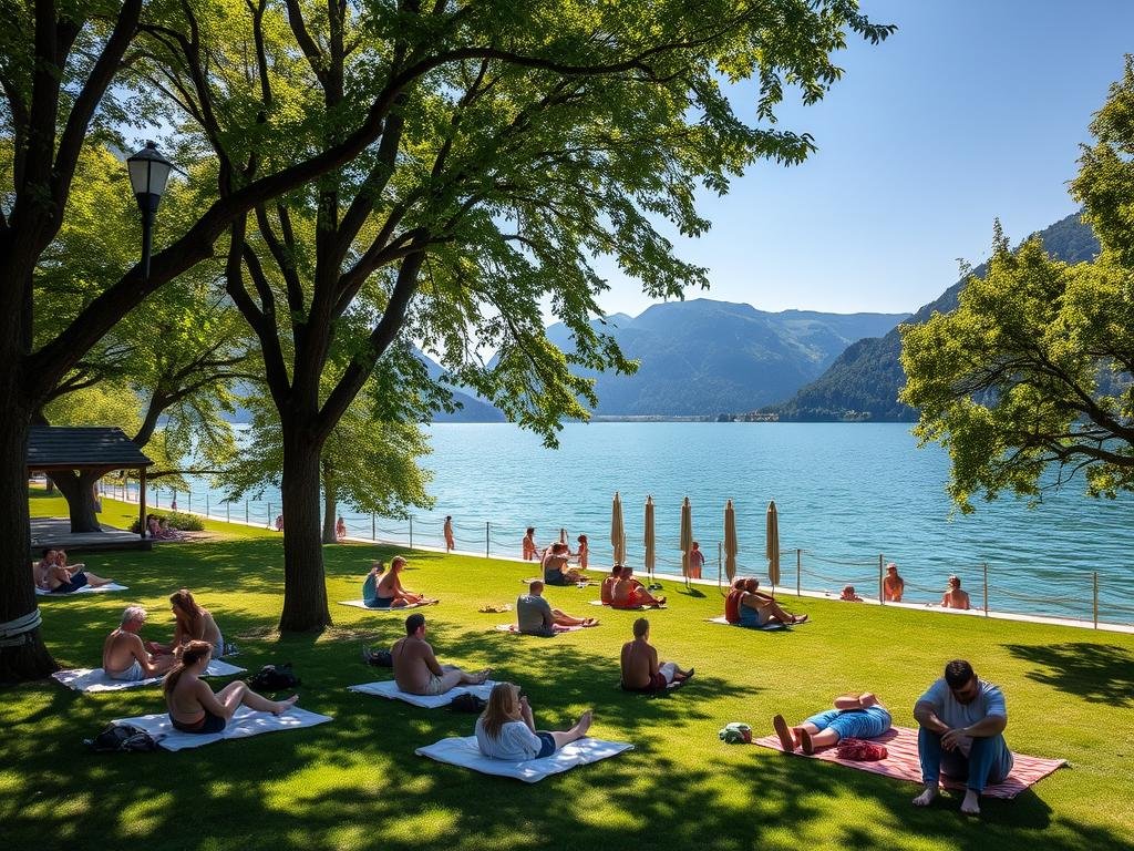 Liegewiese am Lunzer See mit Badegästen, Badeseen Österreich Liegewiese am Lunzer See mit Badegästen, Badeseen Österreich