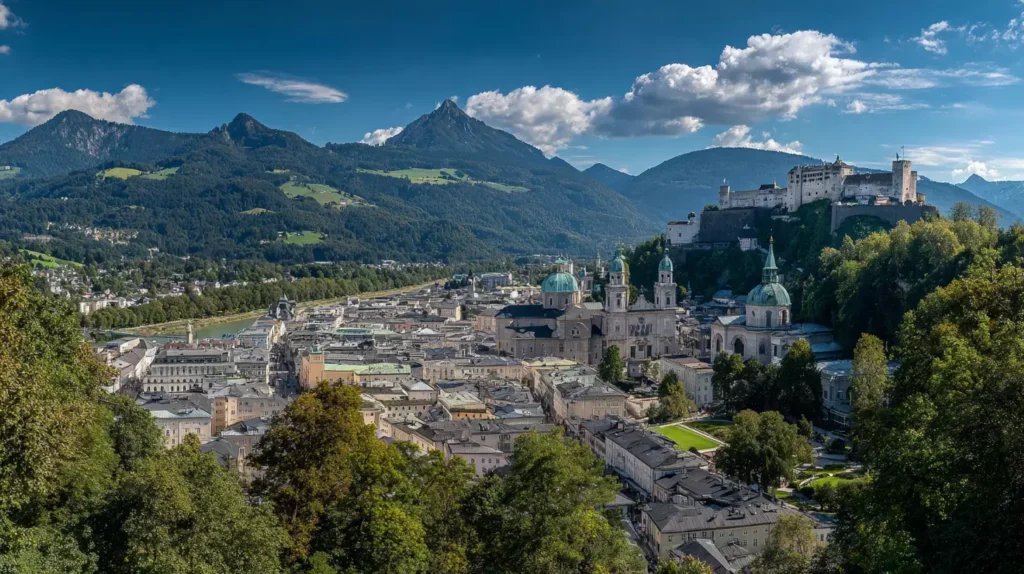 Panoramablick auf Salzburg mit Shopping-Möglichkeiten und Festung Hohensalzburg --ar 16:9