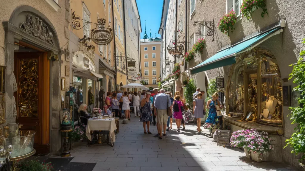 Salzburg Shopping in der berühmten Getreidegasse mit historischen Schmiedeeisenauslagen