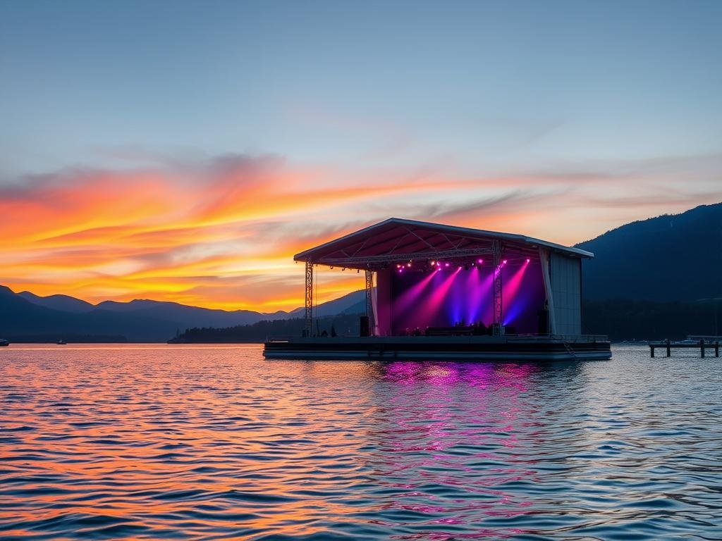 Seebühne am Lunzer See bei Sonnenuntergang, Badeseen Österreich Seebühne am Lunzer See bei Sonnenuntergang, Badeseen Österreich