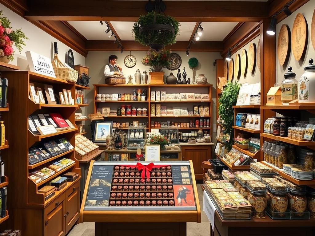 Typische Salzburg-Mitbringsel und lokale Spezialitäten in einem traditionellen Geschäft Typische Salzburg-Mitbringsel und lokale Spezialitäten in einem traditionellen Geschäft