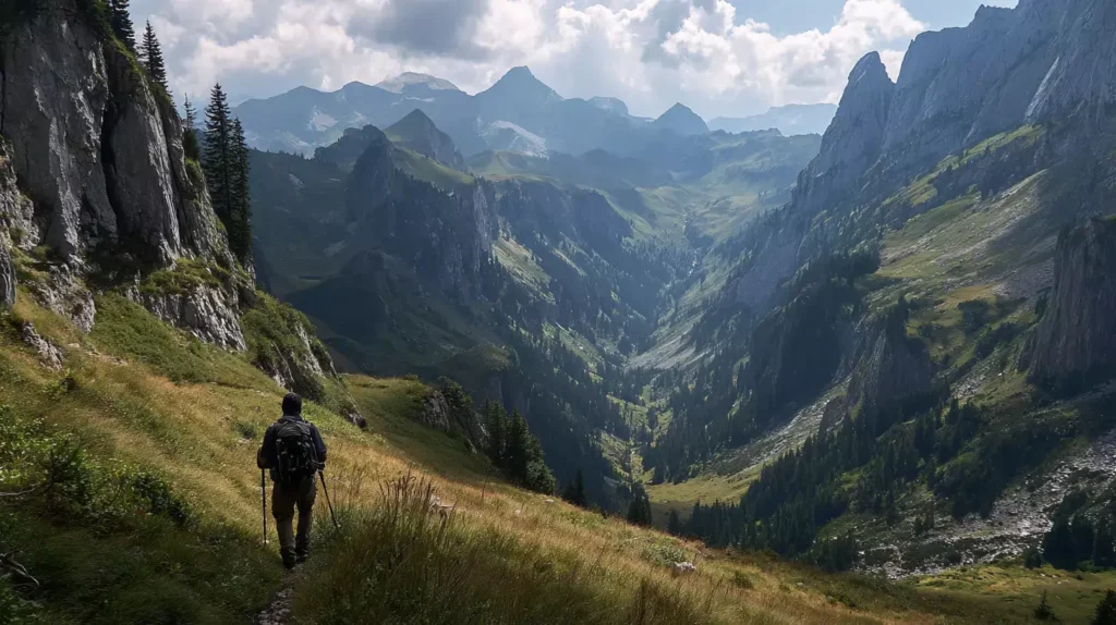 Wanderer mit Ausrüstung in den österreichischen Alpen Wanderer mit Ausrüstung in den österreichischen Alpen