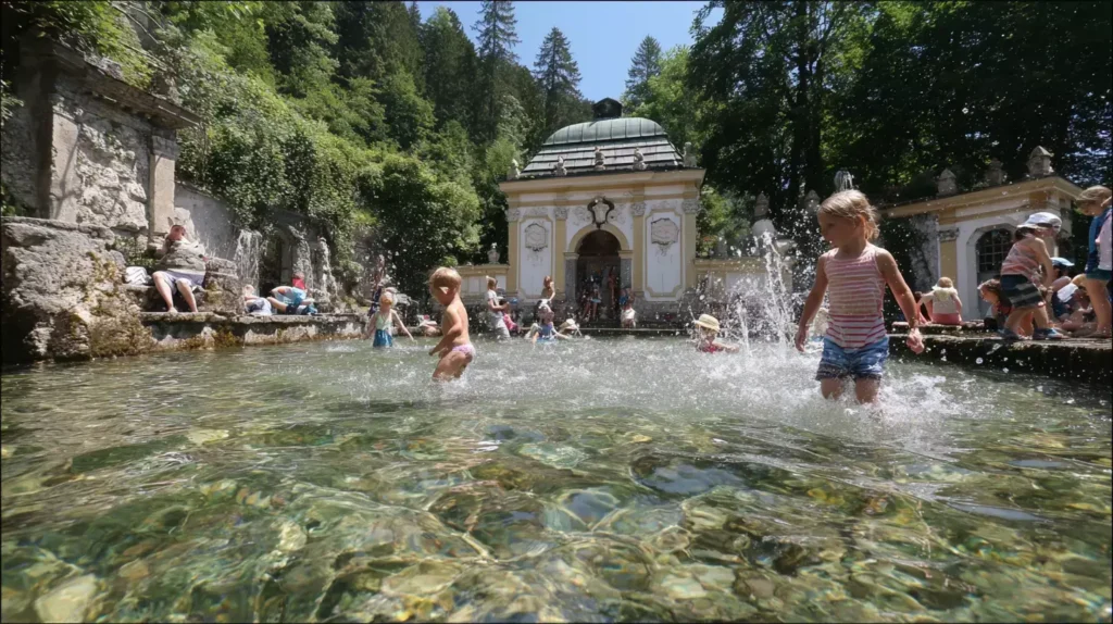 Wasserspiele im Schloss Hellbrunn in Salzburg mit spielenden Kindern